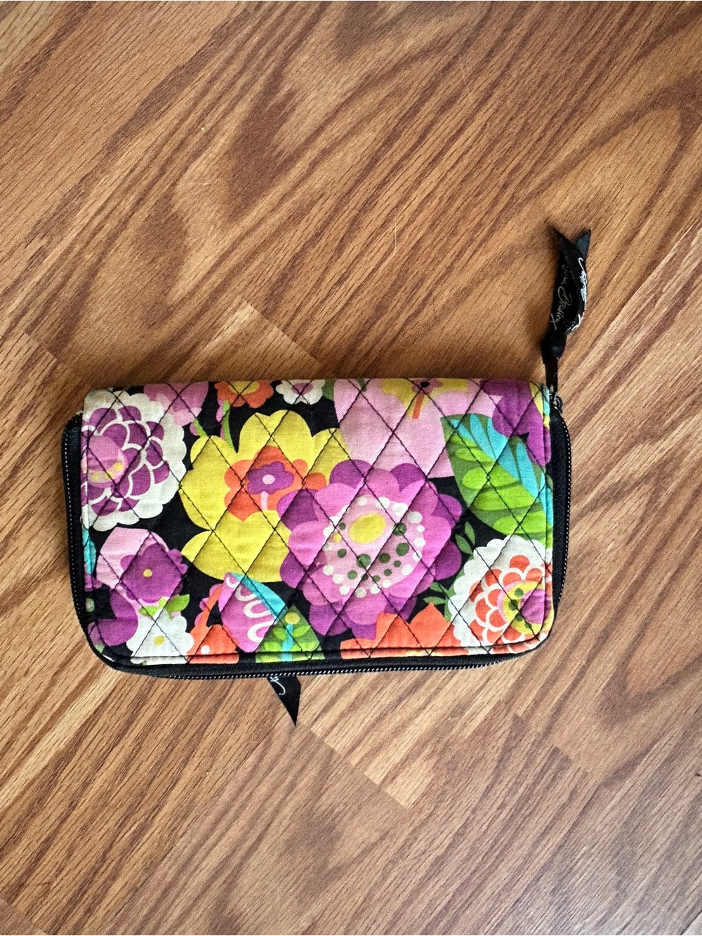 Vera Bradley Quilted Zip-Around Wallet - Black with Pink, Yellow & Green Floral